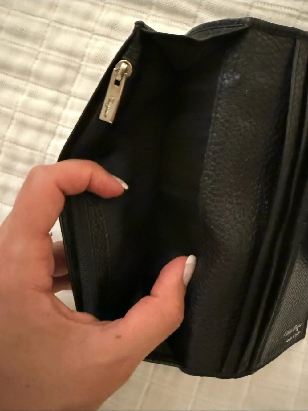 Ferragamo Black Leather Wallet with silver Ring Hardware